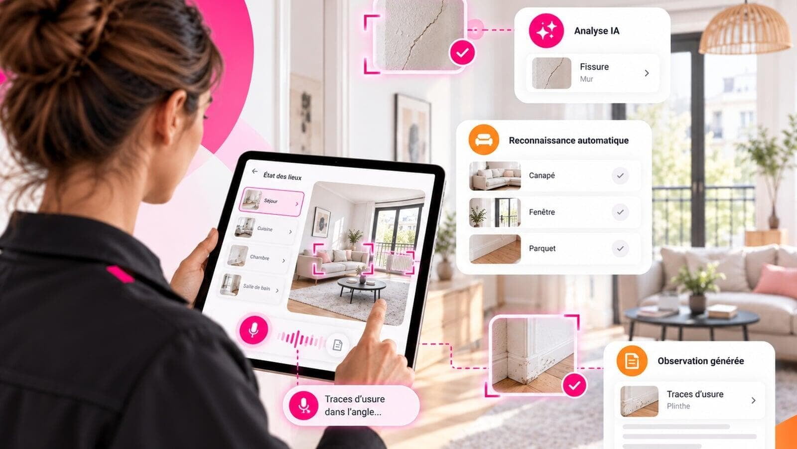 Professionnelle réalisant un état des lieux avec l’intelligence artificielle Startloc sur tablette